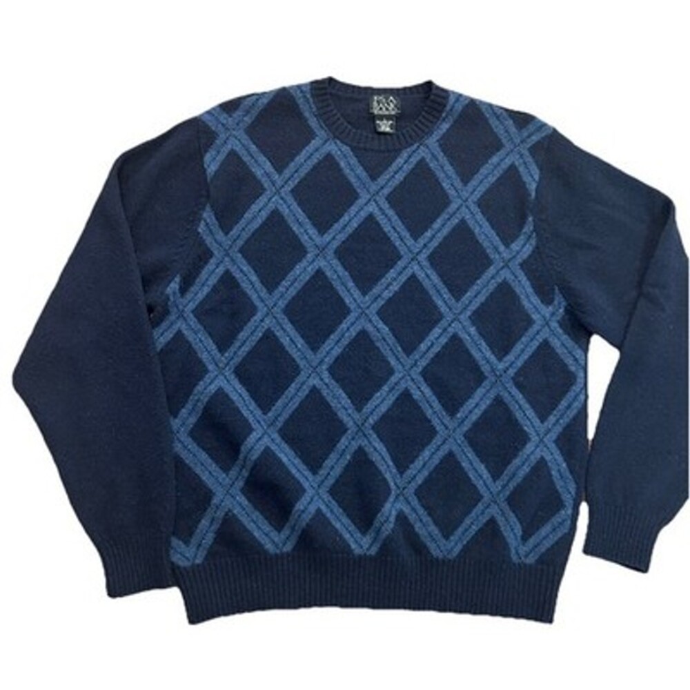 Jos A Bank Men L Lambswool Sweater Blue Argyle Crewneck Grandpacore Cabincore - Picture 2 of 9